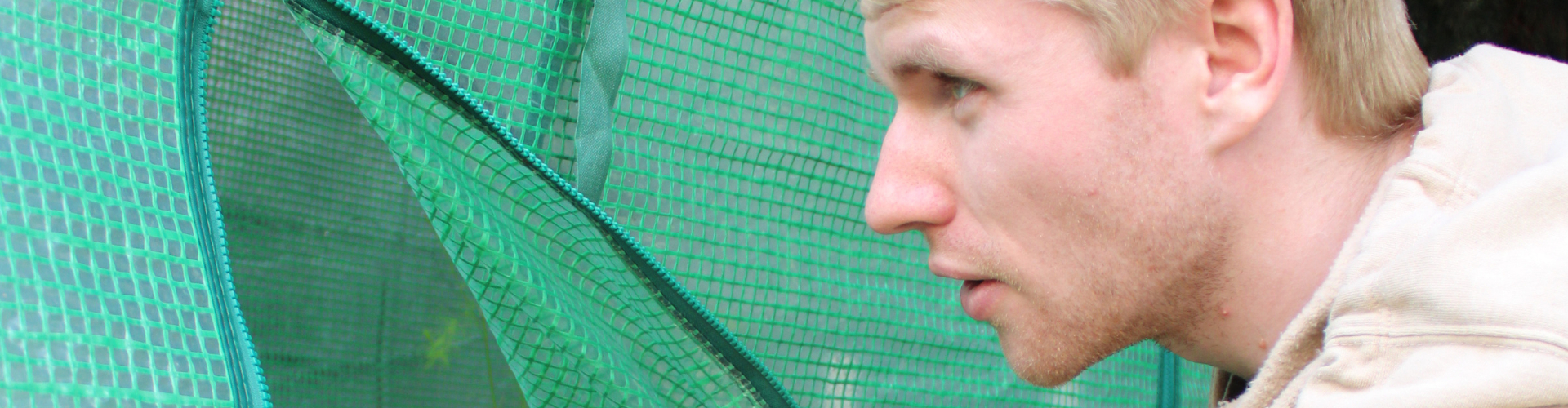 Young man peering into his green house